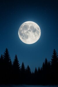 冬の静かな雪景色の上に満月がやわらかく輝いている様子