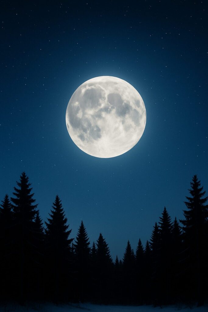 冬の静かな雪景色の上に満月がやわらかく輝いている様子