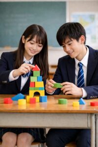 制服姿の高校生男女が教室で積み木を組み立てている様子