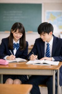 三重県立高校入試に向けて教室で英語を勉強する制服姿の高校生男女
