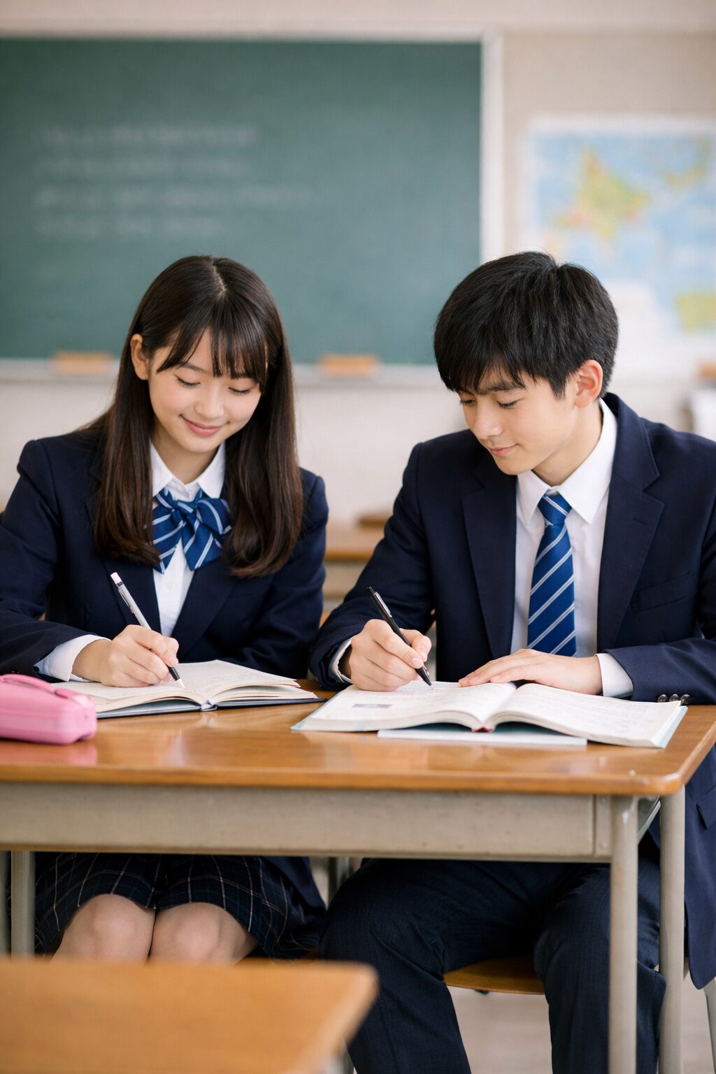 三重県立高校入試に向けて教室で英語を勉強する制服姿の高校生男女