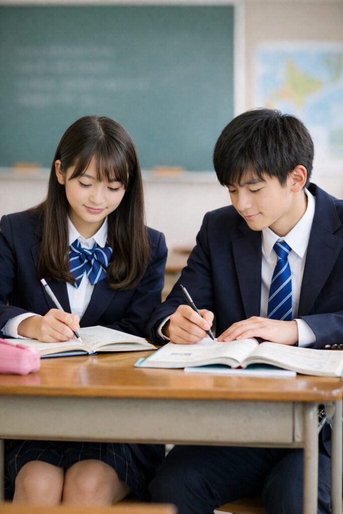 三重県立高校入試の前期選抜に向けて教室で英語を勉強する制服姿の高校生男女