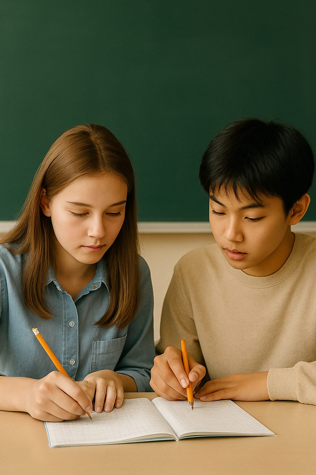 教室で男女の高校生がノートに数学の問題を解いている様子。黒板を背景に、真剣に学習している姿が描かれている。