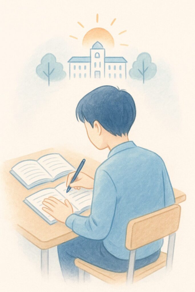 机に向かって勉強する生徒が、未来の学校を思い描きながらノートに向かう様子を描いた柔らかいタッチのイラスト。