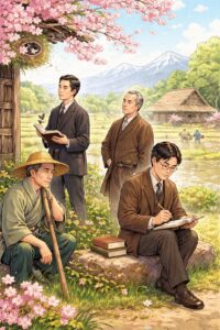 アララギ派の歌人たちが自然や農村の風景を観察し、写実主義の短歌を構想している様子のイラスト