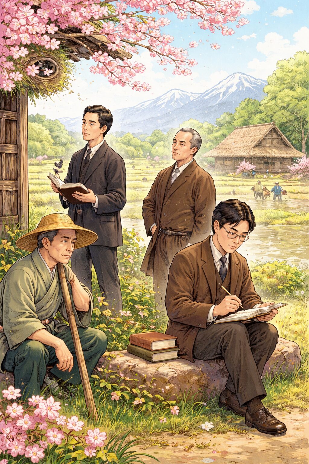 アララギ派の歌人たちが自然や農村の風景を観察し、写実主義の短歌を構想している様子のイラスト