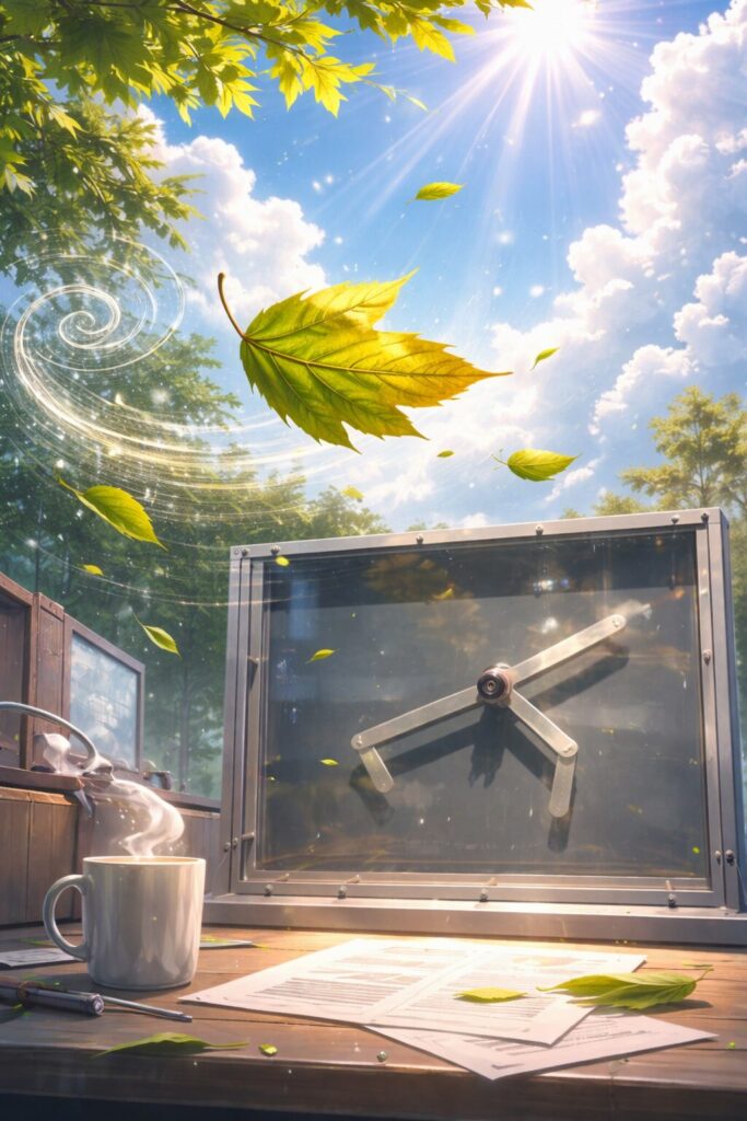 木の葉が風に舞い落ちる様子と、カオティック振り子の装置を描いたイラスト