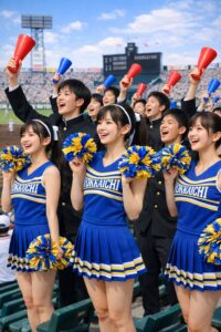 甲子園球場のスタンドで声援を送る四日市高校のチアリーダーと応援団の生徒たち