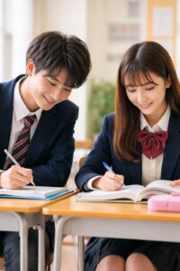 教室で机に向かい勉強している制服姿の高校生の男女