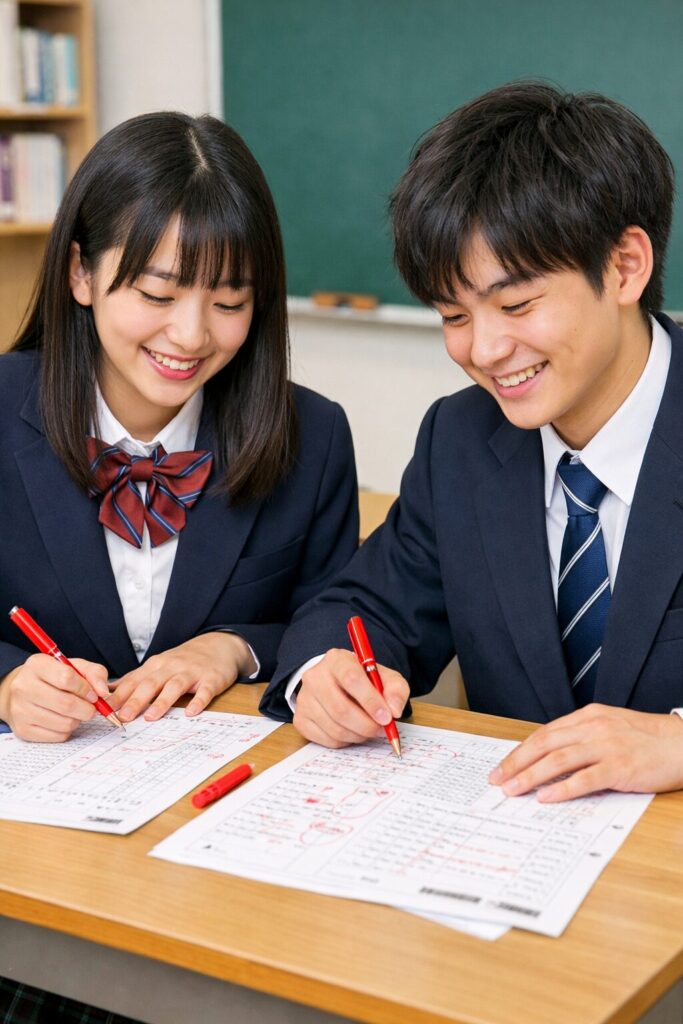 教室でテストの採点を行う制服姿の高校生男女