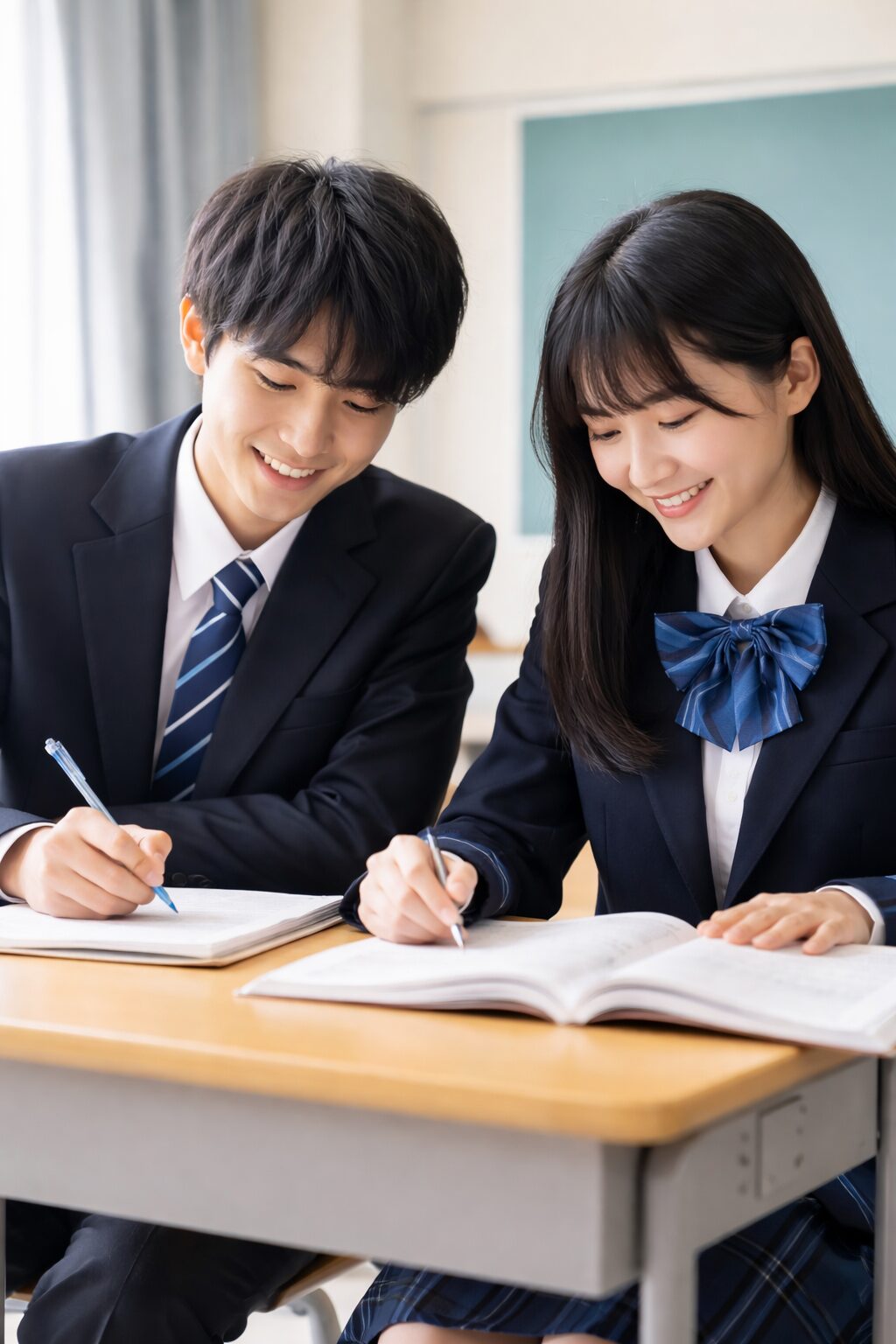 教室で並んで勉強する制服姿の高校生の男女