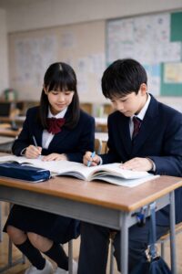 教室で机に向かって勉強する制服姿の中学1年生の男女