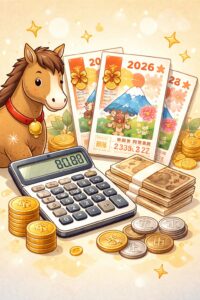 2026年のお年玉付き年賀はがきと電卓、硬貨をモチーフにした期待値計算のイメージイラスト