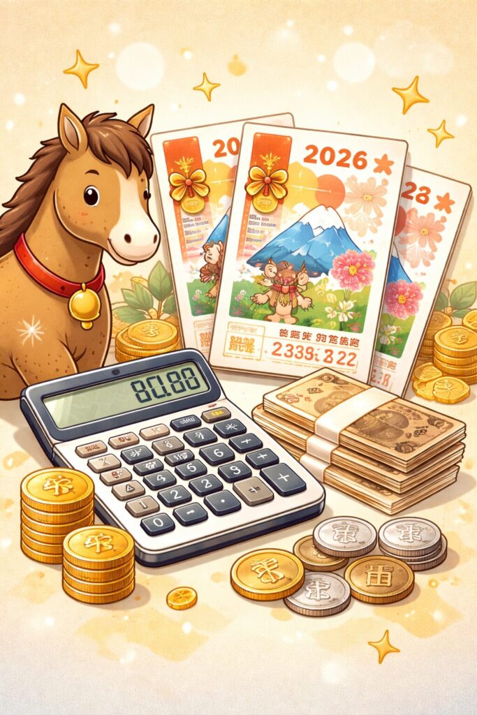 2026年のお年玉付き年賀はがきと電卓、硬貨をモチーフにした期待値計算のイメージイラスト