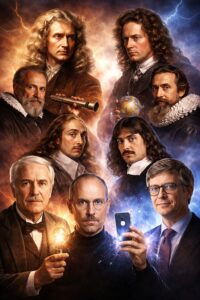 歴史から現代までの偉人たちが対峙する様子を描いた、ライバル関係を象徴するイメージ