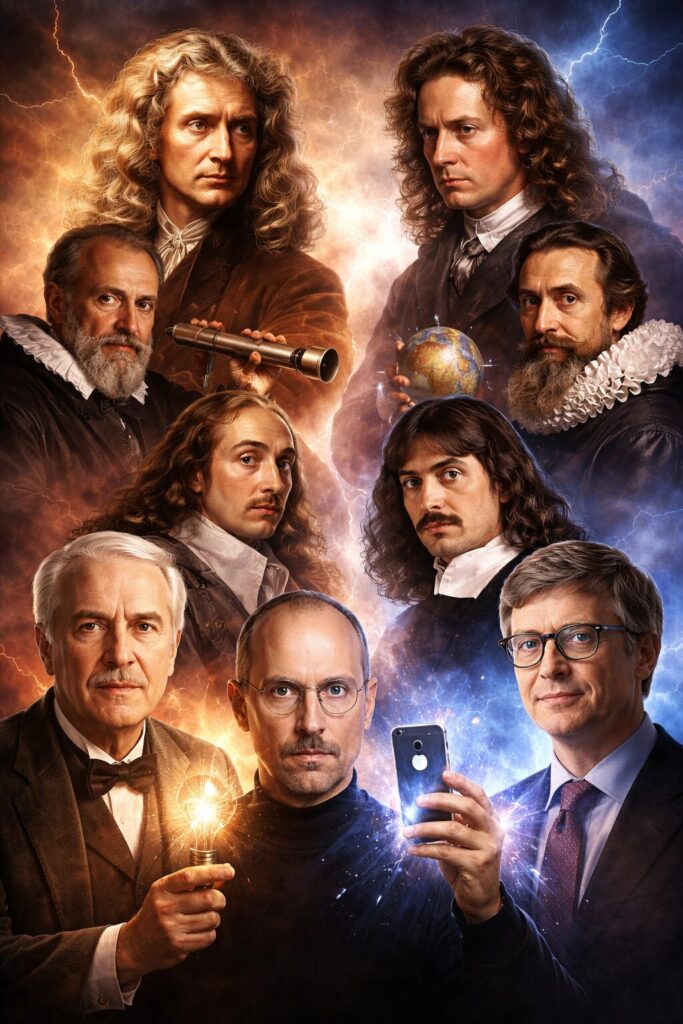 歴史から現代までの偉人たちが対峙する様子を描いた、ライバル関係を象徴するイメージ