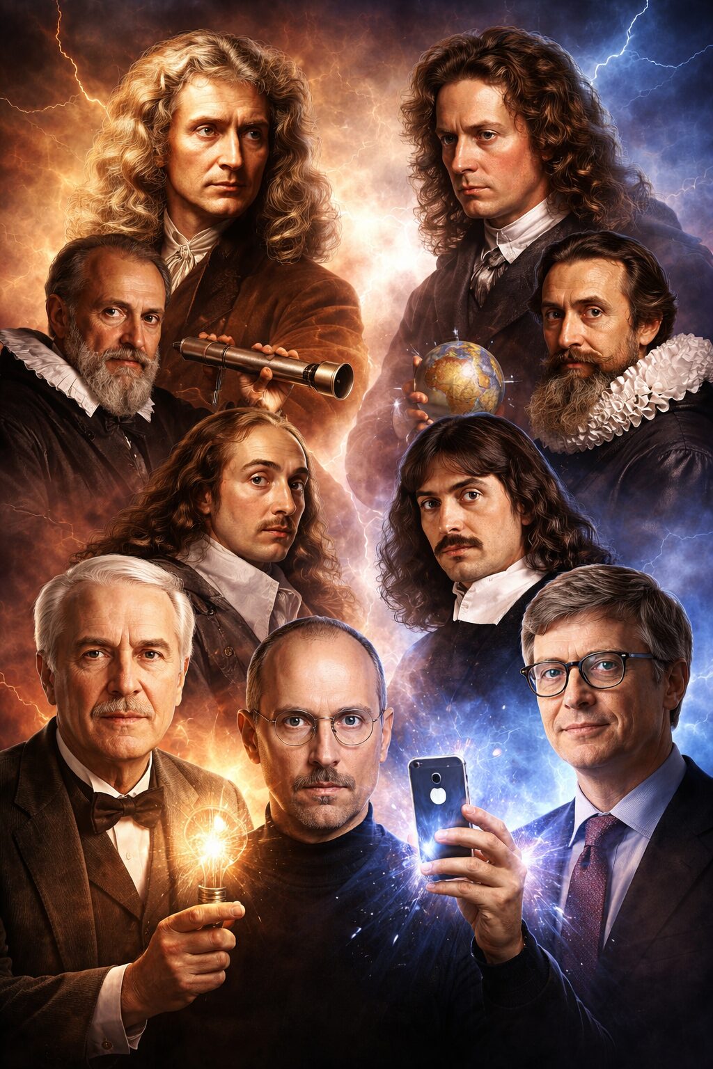 歴史から現代までの偉人たちが対峙する様子を描いた、ライバル関係を象徴するイメージ