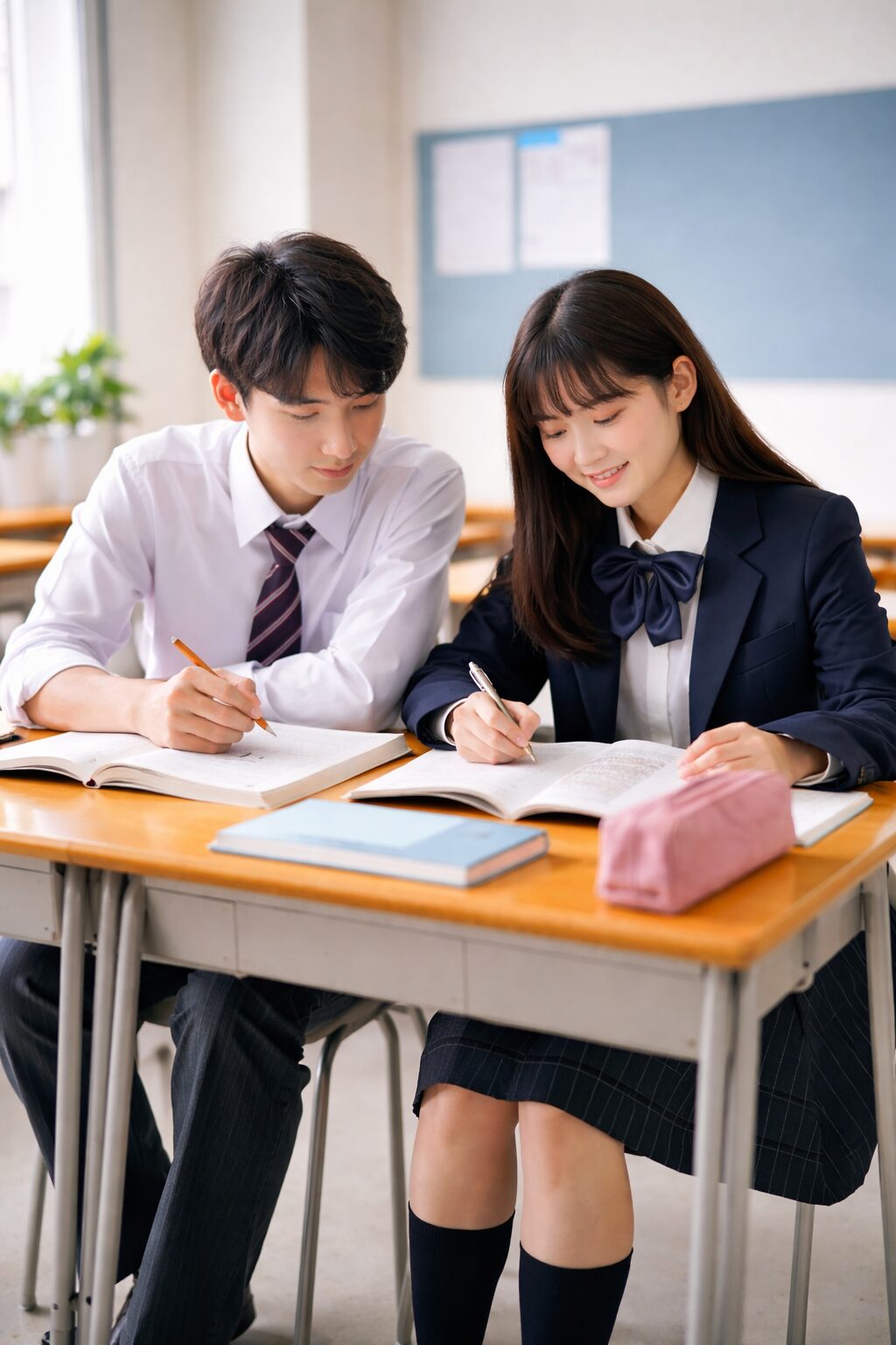 制服姿の男女の高校生が教室で並んで勉強している様子