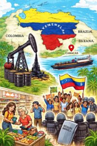 ベネズエラの地図と石油産業、生活の様子を描いたイラスト