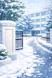 雪が積もった冬の朝の高校の校門と校舎を描いたイラスト