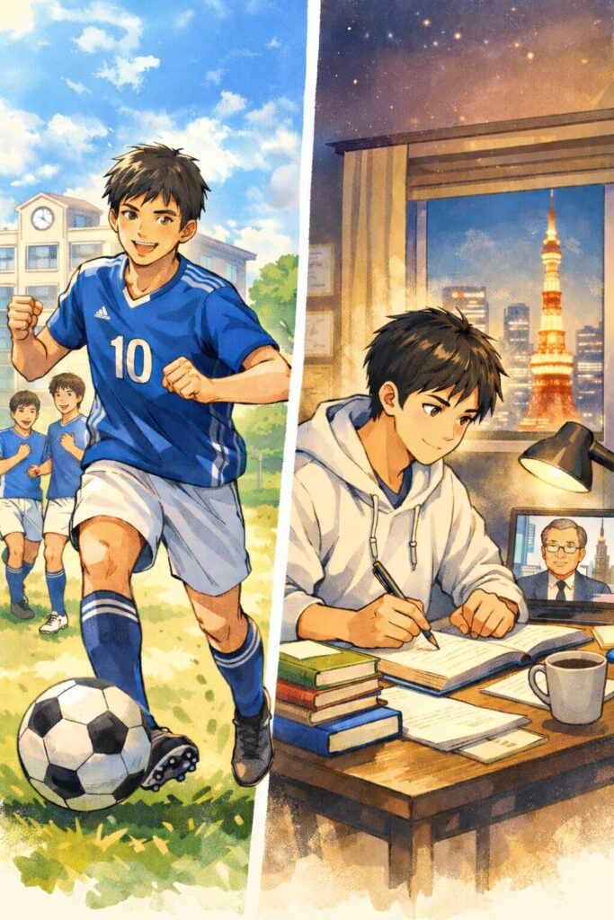 部活引退後にサッカーから受験勉強へと切り替え、三重大学工学部合格を目指す高校生のイラスト