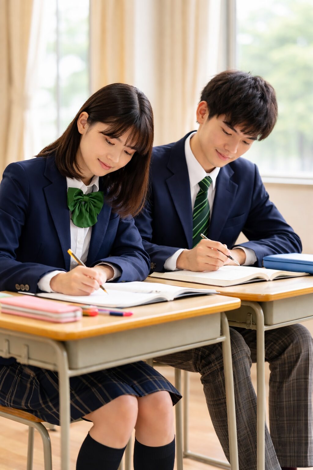 制服姿の男女2人の高校生が教室で机に向かい、ノートに書き込みながら真剣に勉強している様子