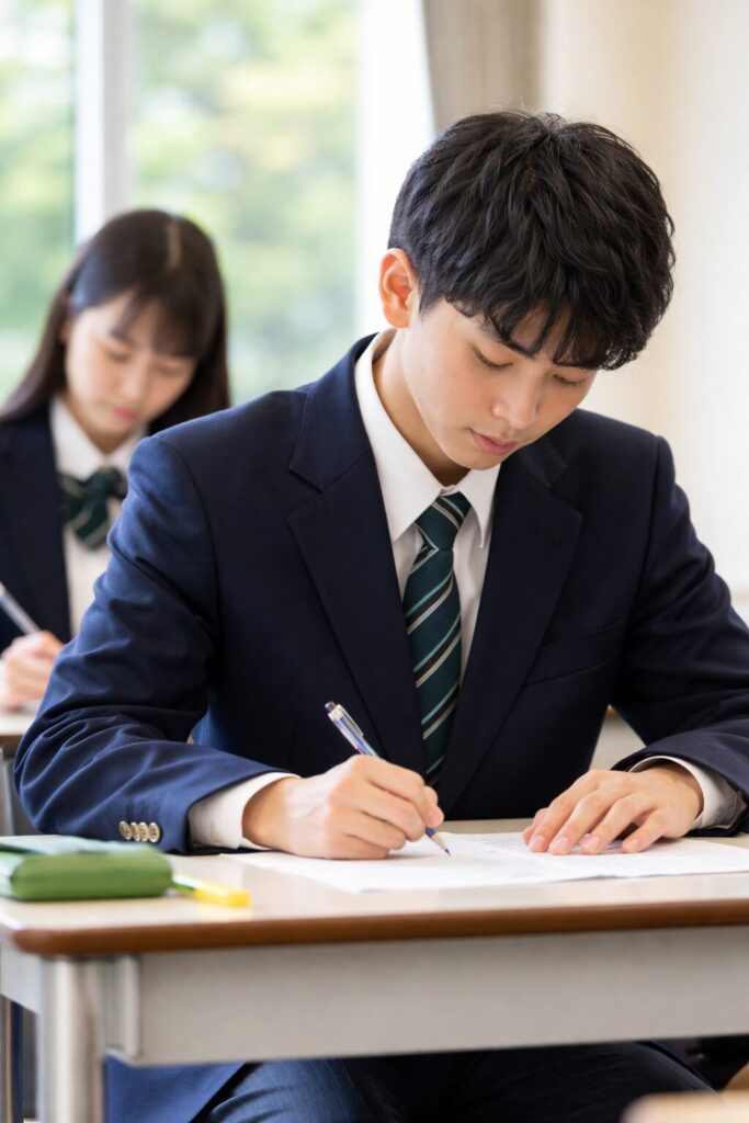 桑名高校の制服を着た男女の高校生が教室で古典のテストを受けている様子