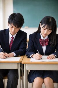 教室で三重ぜんけん模試を受験する新中学3年生の男女生徒