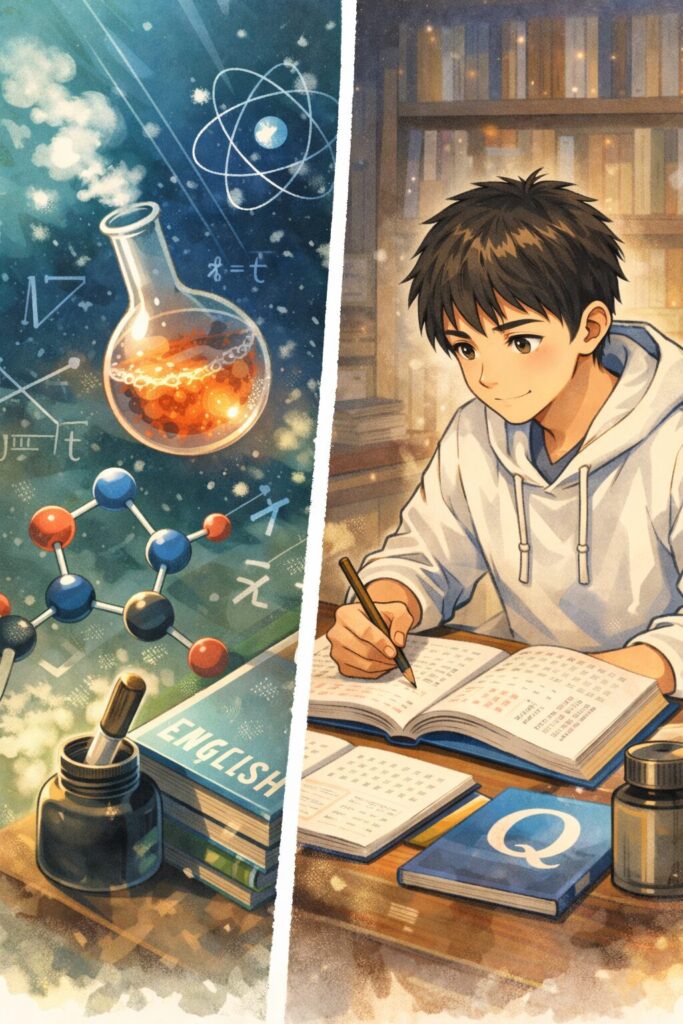 理系科目と国語・英語を両立しながら大学受験に取り組む高校生のイラスト