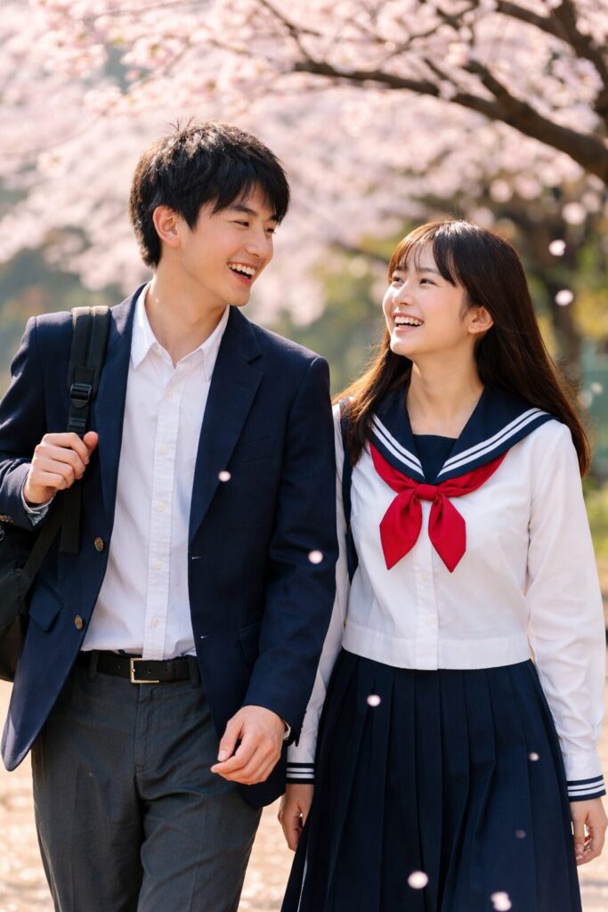 春の桜の下を笑顔で歩く高校生の男女