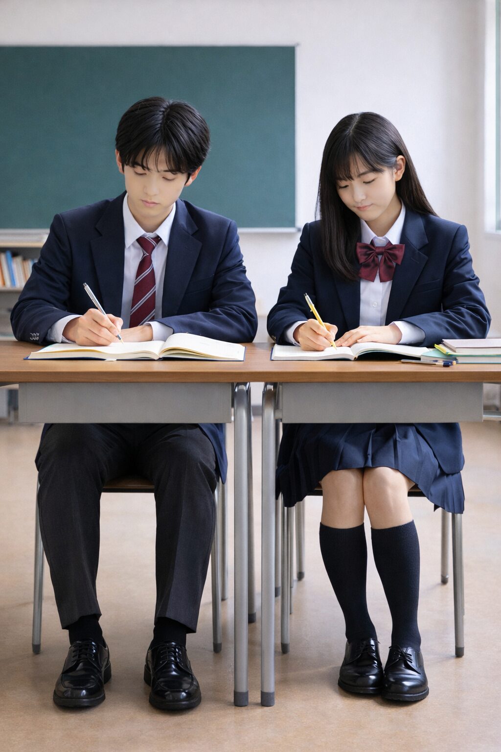 教室で並んで勉強する制服姿の新中学3年生の男女生徒
