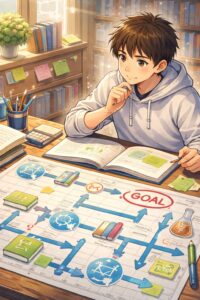 大学受験に向けて学習計画を設計する高校生のイラスト