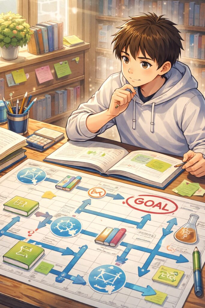 大学受験に向けて学習計画を設計する高校生のイラスト