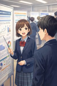 四日市高校の科学の祭典で、女子生徒が探究研究のポスターを使って男子生徒に説明しているイラスト
