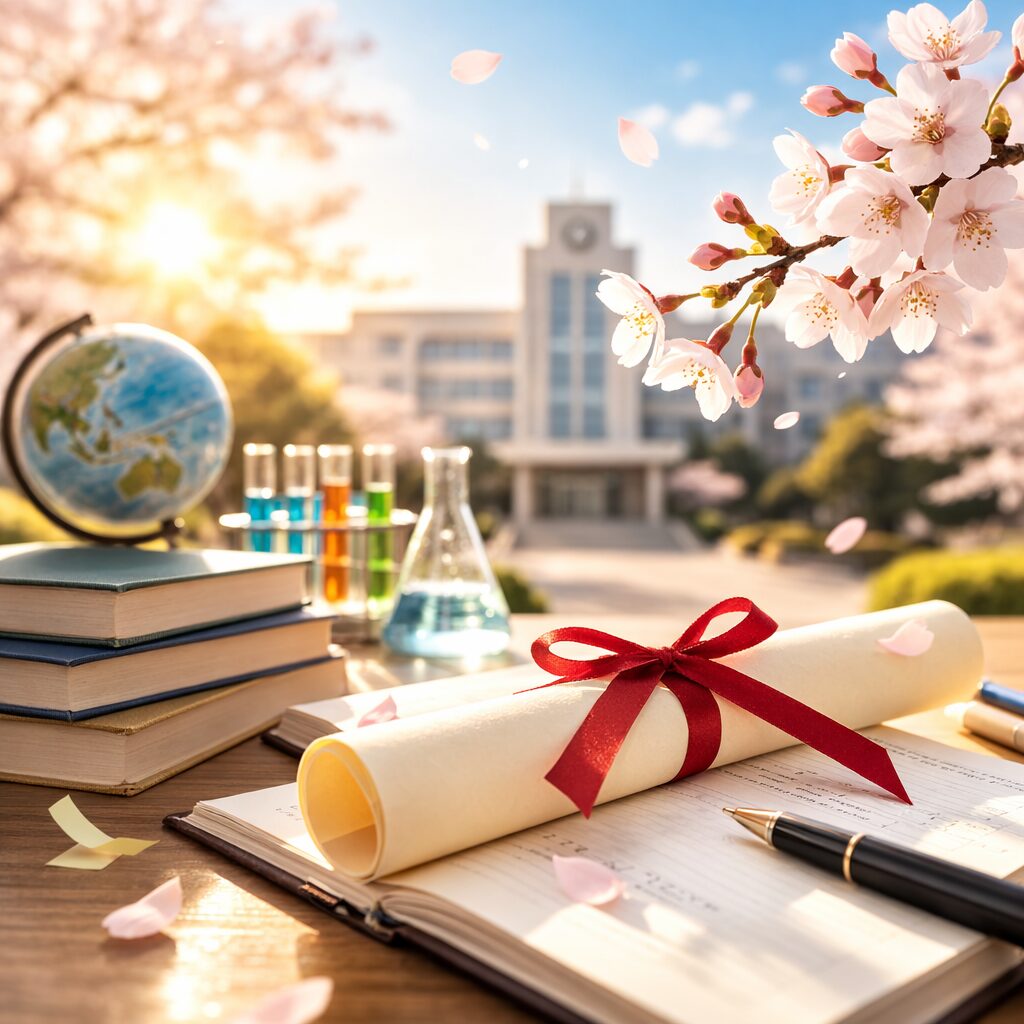 桜の季節に机の上の教材と卒業証書が置かれた大学合格をイメージした写真