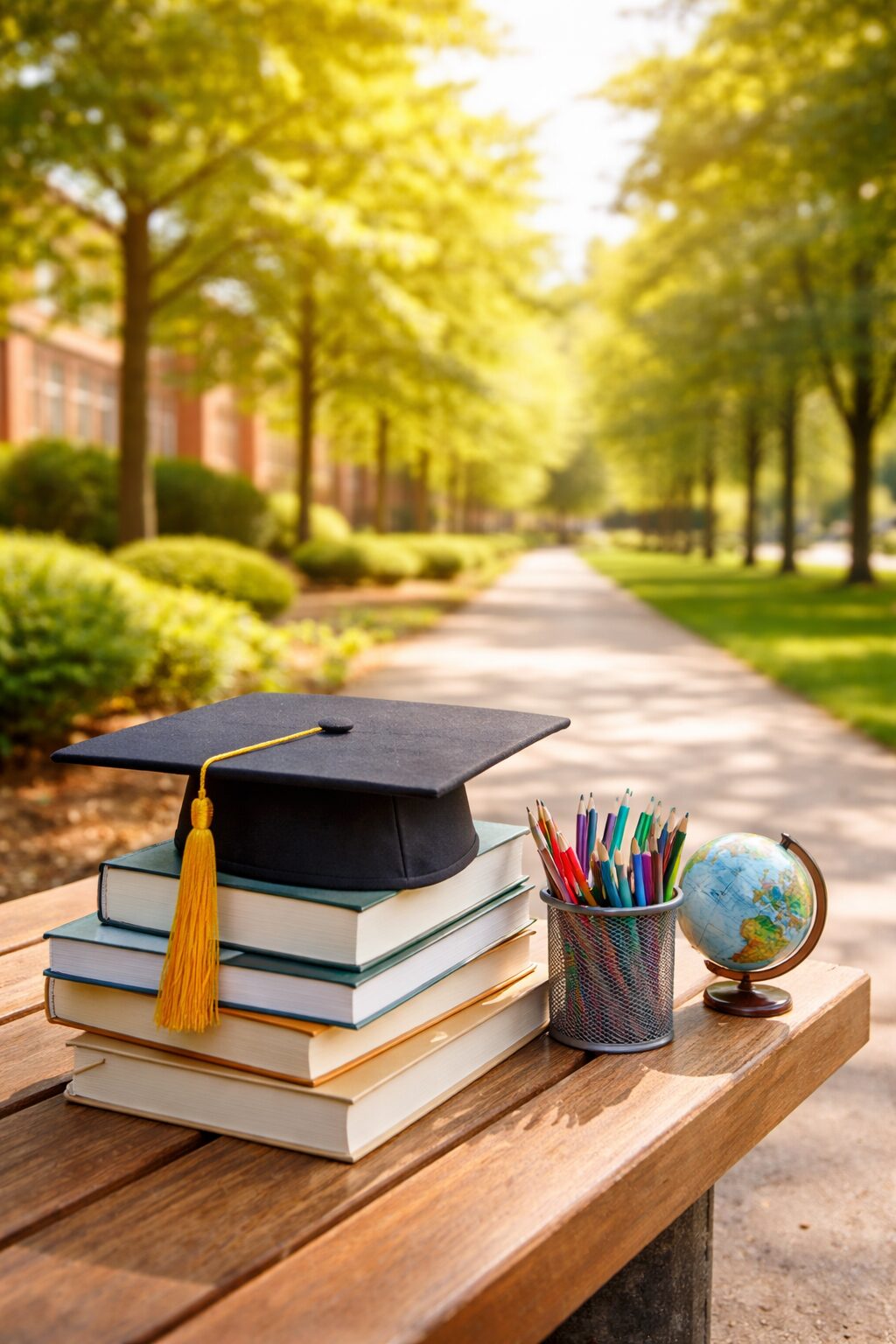 愛知県立大学合格をイメージした、卒業帽子と本が置かれた大学キャンパス風景