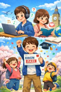 小学生が英語学習を楽しみながら英検合格を喜ぶイラスト。英検6級・7級の新設をイメージした教育イメージ。