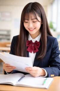 教室でプリントを見ながら笑顔を見せる女子高校生