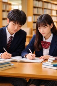 図書館で真剣に勉強する制服姿の高校生2人