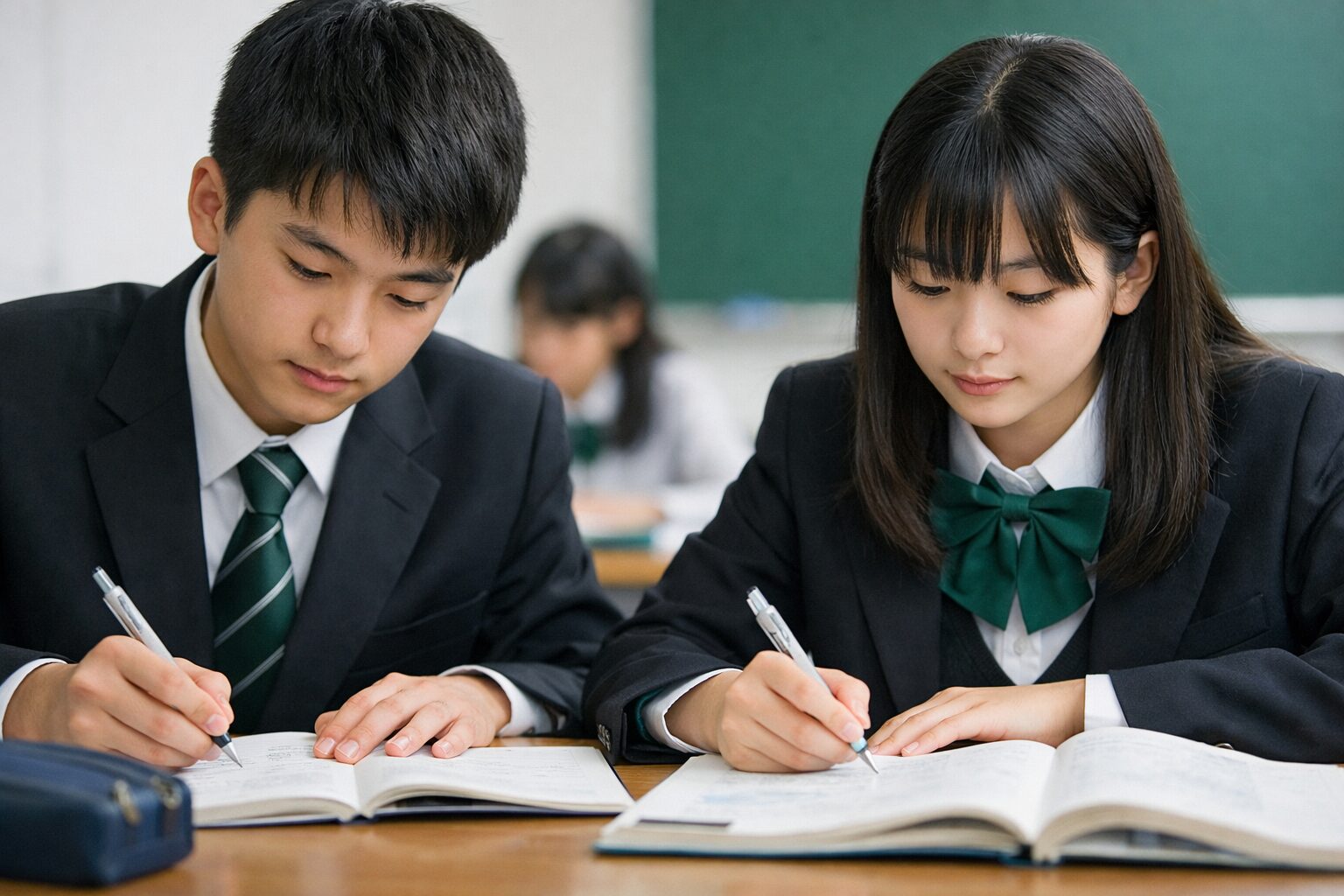 教室で真剣に勉強する高校生の男女(少人数授業の様子)