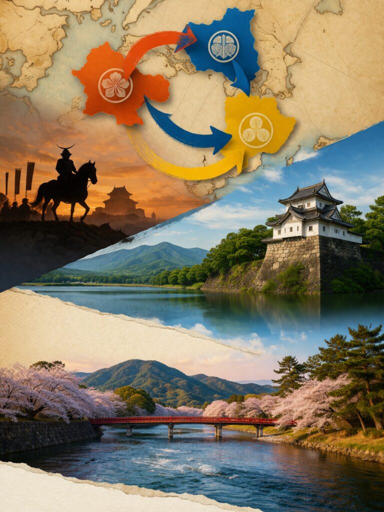 江戸時代の三方領知替えを表現した地図と城、武士のイラスト（桑名・白河・川越の関係）