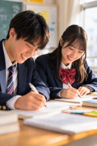 教室でノートを書きながら高校入試の勉強をしている男女の高校生