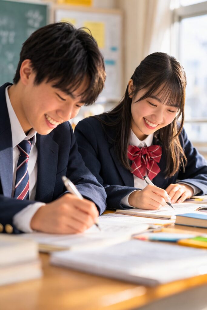 教室でノートを書きながら高校入試の勉強をしている男女の高校生