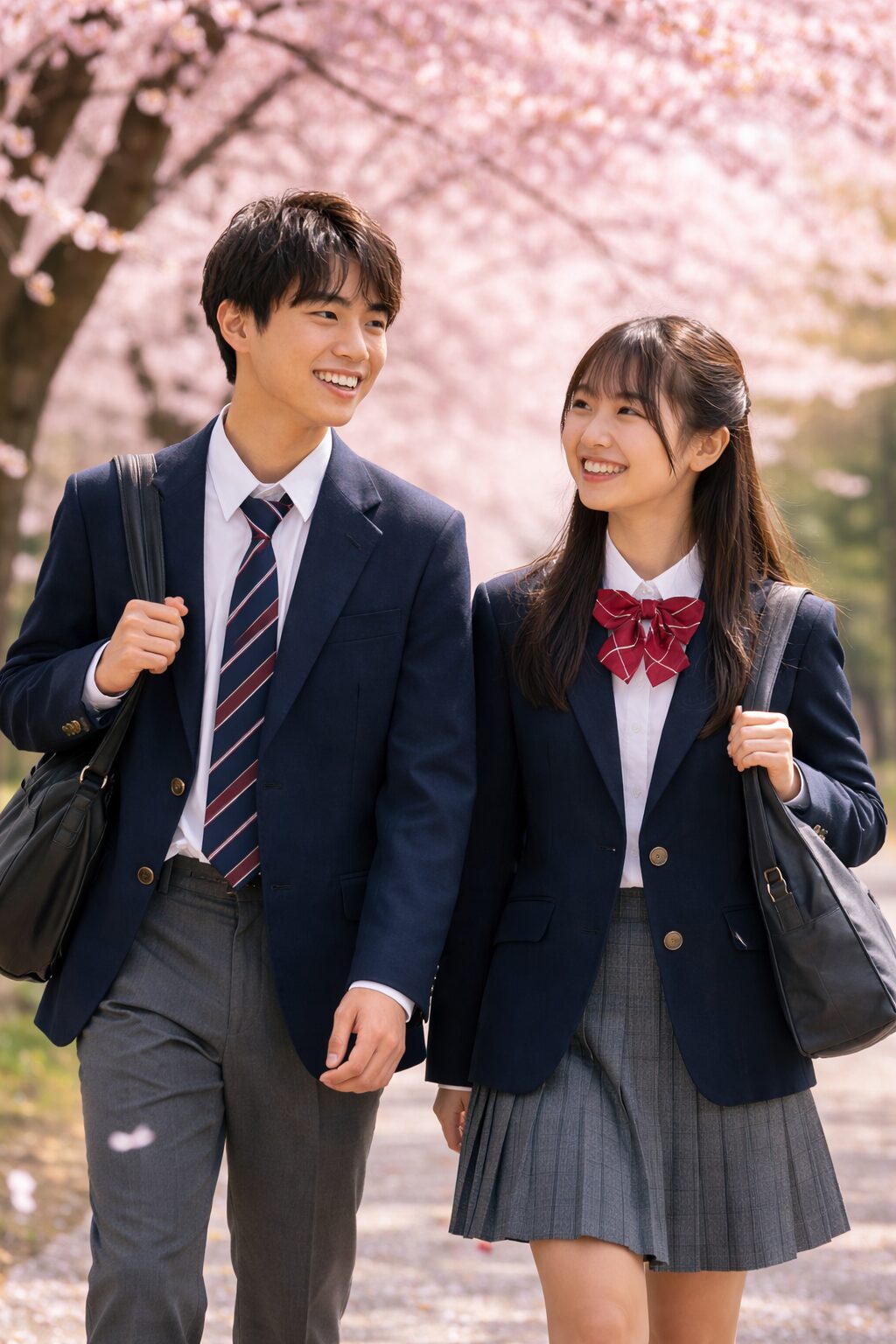 三重県高校入試を終えた高校生の男女が桜並木を歩く春の通学風景