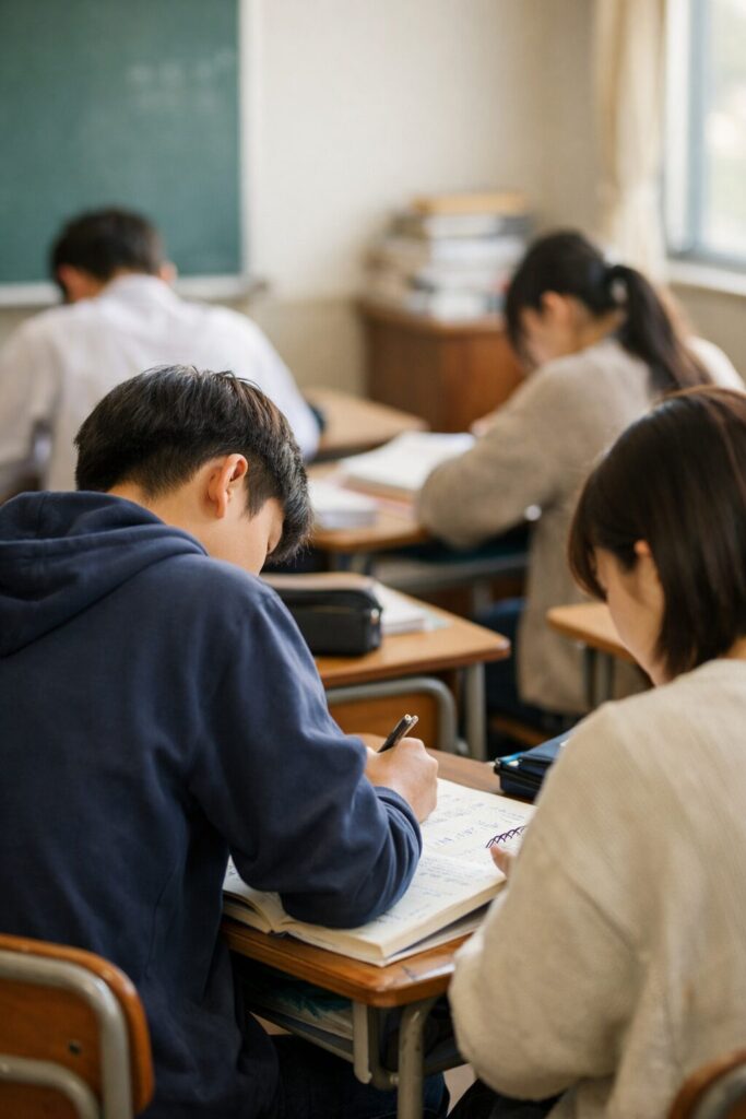 教室で真剣に勉強に取り組む高校生たちの様子