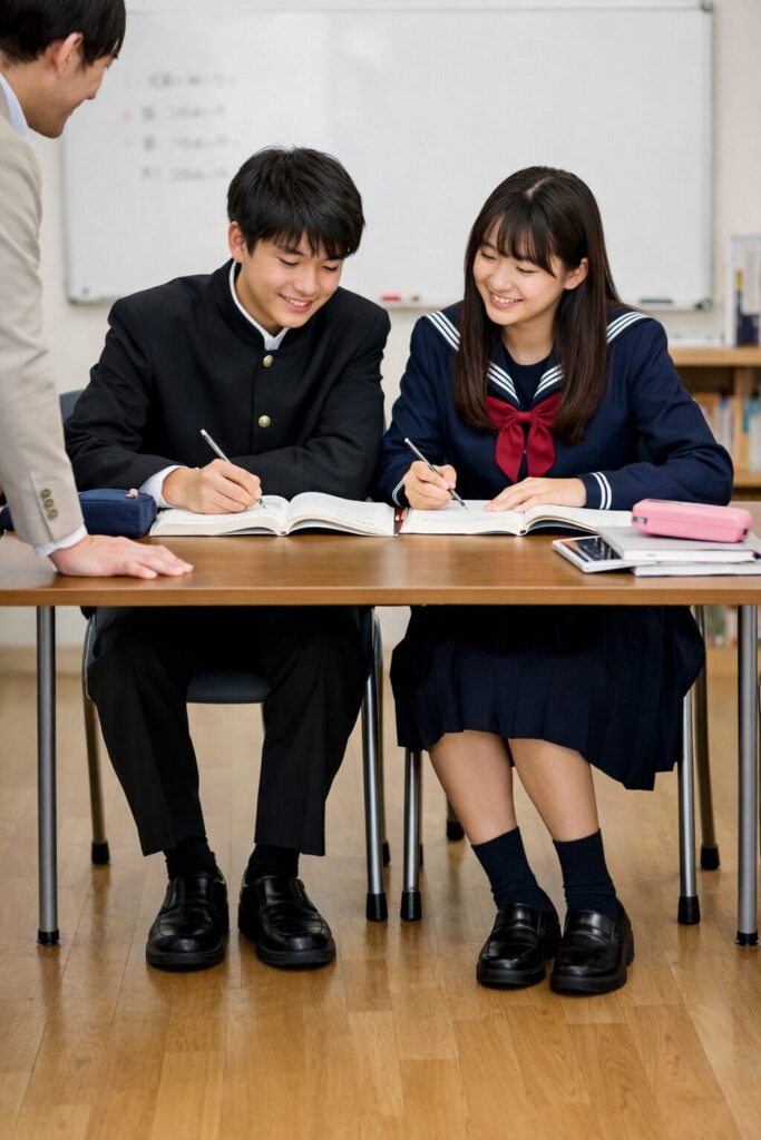教室で講師に見守られながら一緒に勉強する日本の高校生男女
