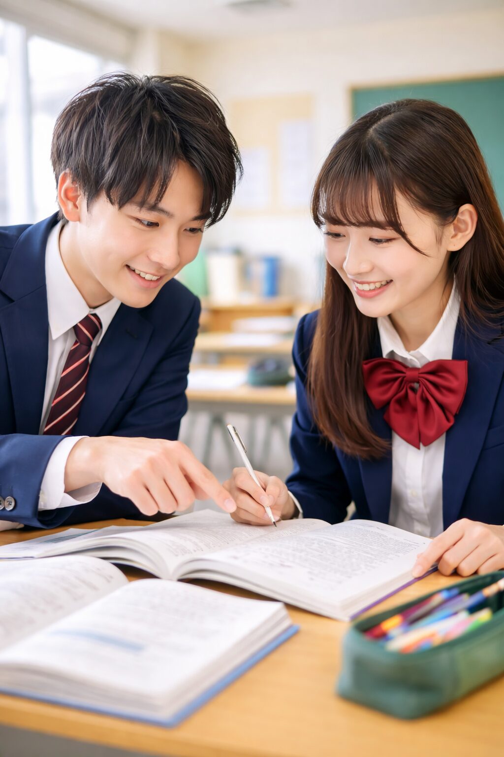 教室で制服姿の男女の高校生が数学の問題を一緒に考えながら教え合っている様子