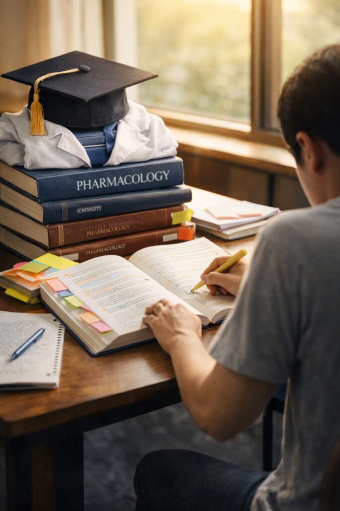 参考書に線を引きながら勉強する学生と薬学書のイメージ。効率的な勉強法や暗記の工夫を表現した写真。