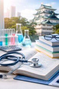 東海地方の医学部受験をイメージした、医学書・聴診器・理科実験器具と名古屋城の背景
