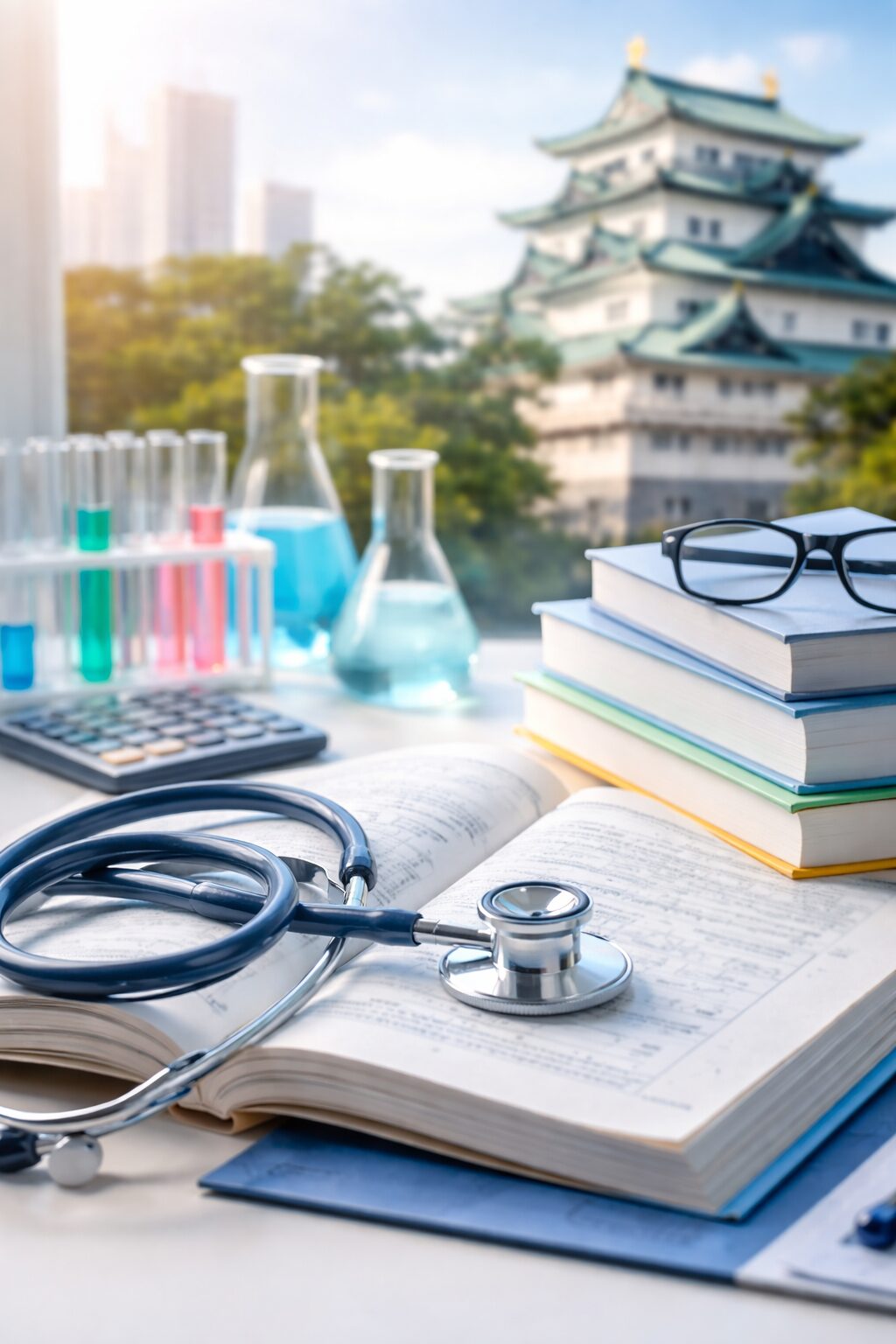 東海地方の医学部受験をイメージした、医学書・聴診器・理科実験器具と名古屋城の背景